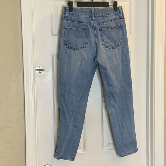 Empyre Eileen Mom Jeans Checkerboard Side Stripe Busted Knees Cropped Size 1 - Picture 4 of 9